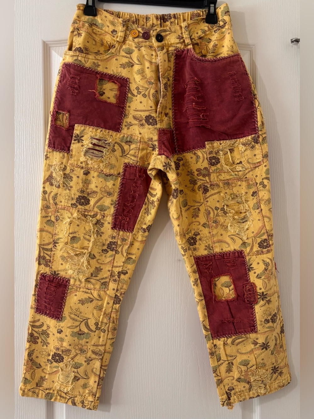 Blue Velvet Boho Patchwork Floral Distressed Cropped Pants S/M Cottagecore - Picture 2 of 7